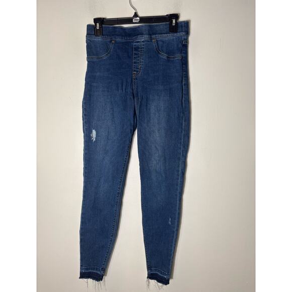 Spanx Blue Pull On Denim Distressed Jeans Sz M - Picture 1 of 2